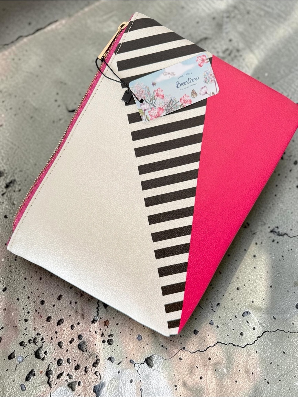 Brentano Geometric Vegan Pink Black & White Stripe Zip Clutch